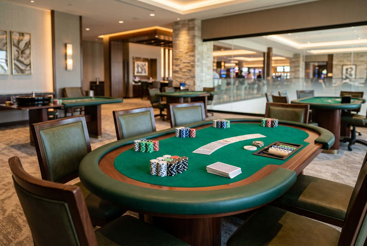 Atmosféra luxusnej pokerovej herne s elegantným stolom a teplým osvetlením