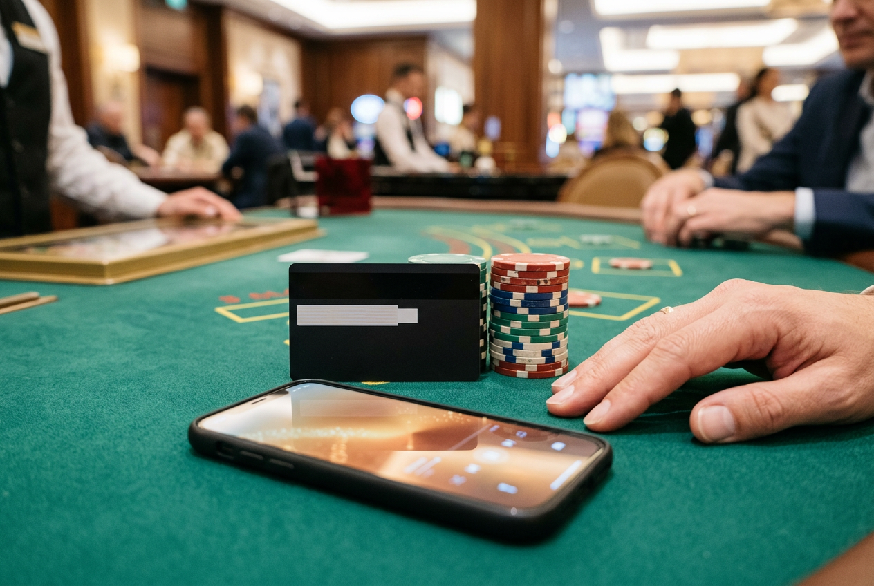 Platobná karta a pokerové žetóny na zelenom plátne vedľa smartfónu